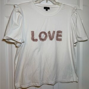 OnTwelfth White Ruffle T Shirt Rhinestone & Mesh LOVE Graphic Valentines! XL SS